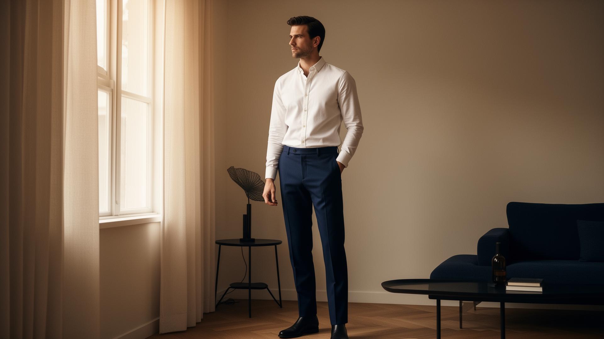 Tall man in a minimalist apartment wearing tall-fit clothing